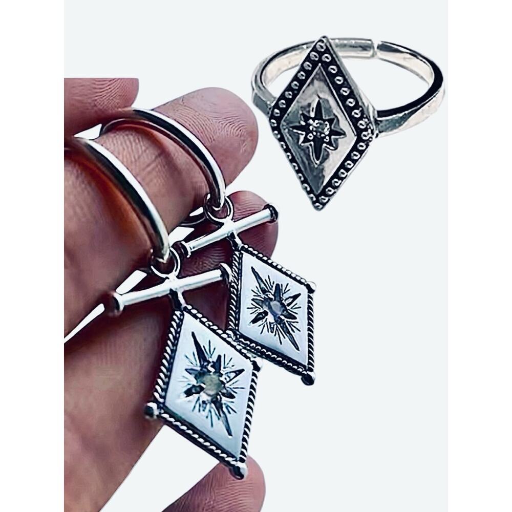 North Star Stainless Steel Matching Ring & Earrings Adjustable CZ Tarnish Free